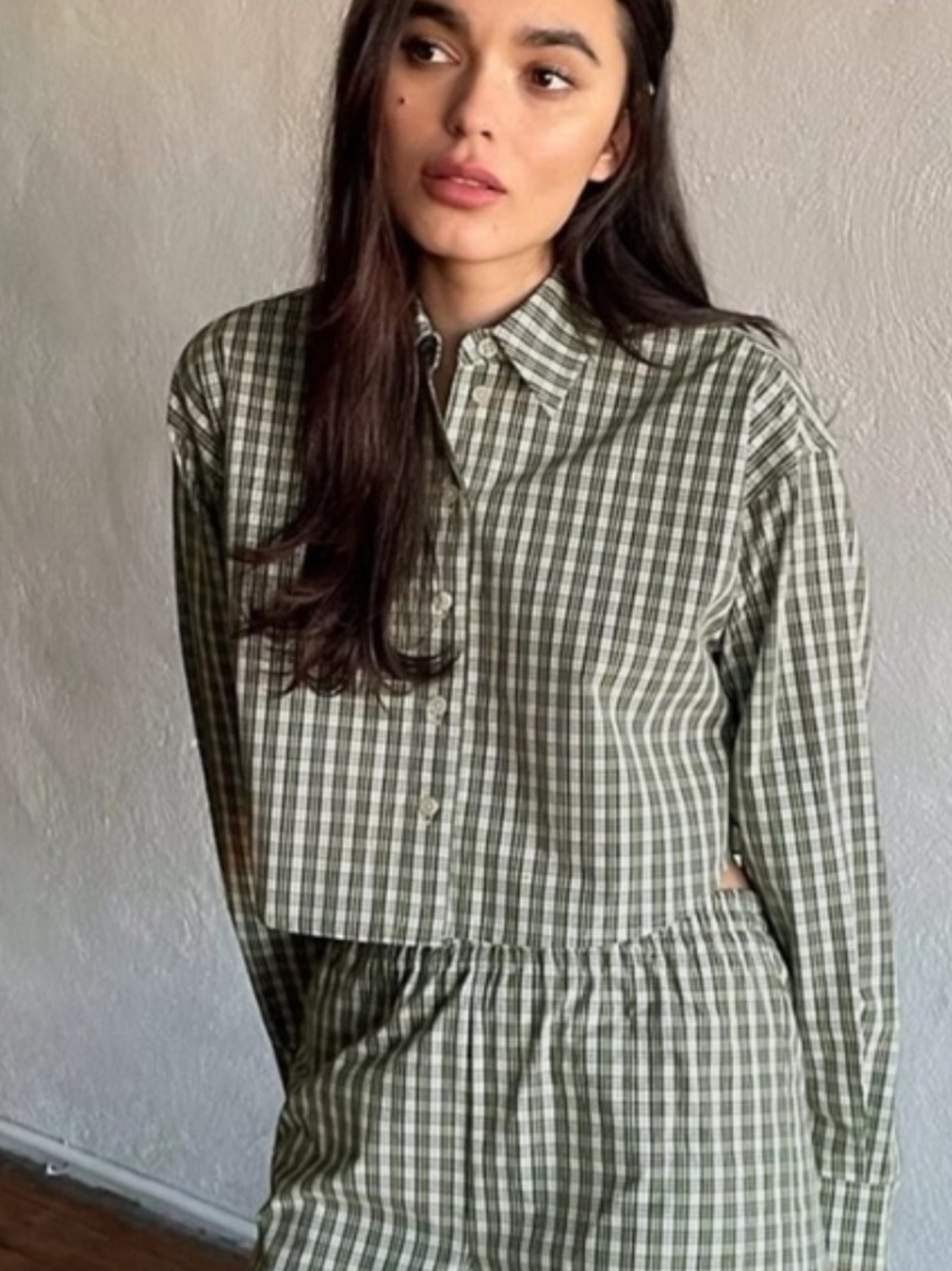 Sunday Best Green Plaid Cropped Button-Down Shirt